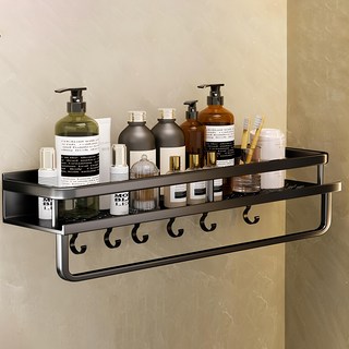 超級工廠 浴室置物架 有桿 有鈎 60cm 黑色, 免釘安裝, 加高護欄, 多功能收納, 1個