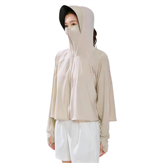 QIDINA 親膚冰絲輕薄透氣防曬外套 大帽檐連帽 漏馬尾設計, 卡其色, 衣長41cm + 手長78cm + 胸圍130cm