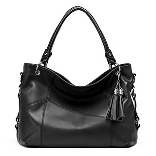 LIKEHOUSE 真皮頭層牛皮女款流蘇通勤手提包 大容量肩背包, 黑, 1個, 長38cm 高26cm 厚14cm 手提高17cm 肩帶總長123cm