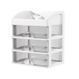 德利生活 多功能桌面辦公室文具抽屜收納盒, 透明 + 白色, 4層