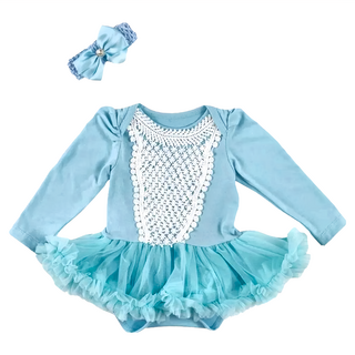 女嬰雪紡蓬蓬裙連身衣 藍色 附髮帶, 長袖 6~12M, 冰雪女王, 1件