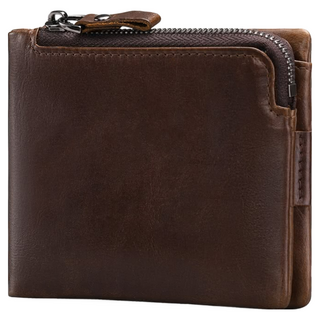 RFID真皮頭層牛皮2折男士皮夾/錢包/短夾 內裡防磁裡布, 咖啡色