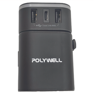 POLYWELL 寶利威爾 旅行充電器加多國轉接頭 雙Type-C + 雙USB-A PW15-T05-A053 黑色, 1個