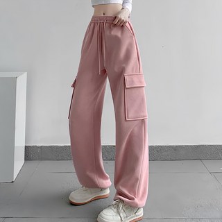 HL030抽繩口袋工裝休閒長褲，粉色, 均碼