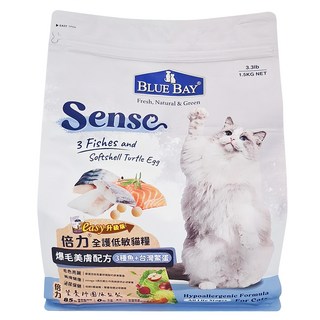 BLUE BAY 倍力 Sense 全護低敏貓飼料, 3種魚+台灣鱉蛋, 皮膚/毛髮, 1.5kg, 1袋