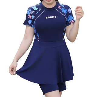 女款大尺碼保守連體泳裙套裝 泳衣, 3XL, 藏青色