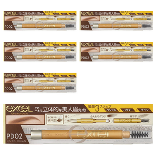 日本 excel 3合1持久造型眉筆 眉粉眉筆眉刷, PD02 焦糖棕, 6件