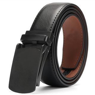 十字紋牛皮帶男士自動釦皮帶 二層牛皮材質, 黑色, 110 x 3cm