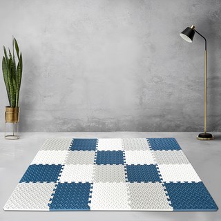 MOMOTARO 桃太郎地墊 極厚超Q樹葉紋巧拼地墊防撞瑜珈墊 附邊條, 天鵝白+白灰色+藏青藍, 36片