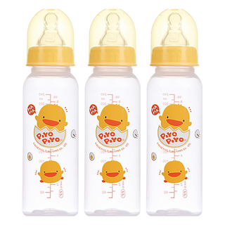PiYOPiYO 黃色小鴨 標準奶瓶, 240ml 食品級矽膠奶嘴, 黃色, 3個