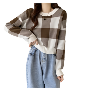 顯瘦針織大格紋長袖, 柔韌舒適親膚, 短版設計, 時髦百搭, 胸寬50cm 全長45cm 袖長52cm 肩寬56cm, 咖