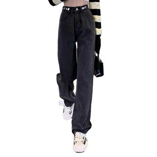 高腰直筒牛仔寬褲, L, 煙灰