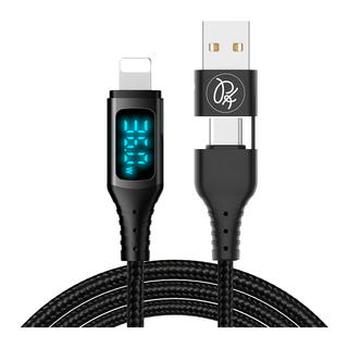 PICKOGEN 皮克全 二合一 Type-C/USB-A to Lightning 神速系列充電線 智能數顯 30W快充 尼龍編織, 1.8m, 黑色, 1條