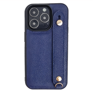 頭層手掌紋牛皮掛脖可站立手機殼, iPhone 14 Pro, 深藍色