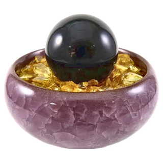 黑曜石球聚寶盆 提升人際關係 化解負能量 增強正面氛圍 中國風釉彩陶瓷盆, 黃水晶碎石, 黑曜石球(約2.7cm) + 釉彩盆(約6.2 x 3cm)