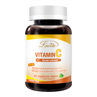 Lovita 緩釋型維生素C素食食品錠 每顆含1000毫克維生素C 含柑橘類黃酮和玫瑰果萃取, 60顆, 1罐