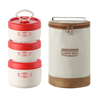 SUnORO 可微波日式304不鏽鋼防燙便當盒 附保溫袋 + 餐具 420ml 2個 + 600ml, 1組, 米色