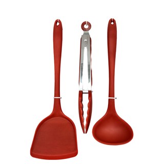 Quasi 矽膠料理工具 Set 三件組, 耐熱200°C, 鍋鏟32.7 x 10.2cm + 湯杓28.8 x 8.4cm + 料理夾27.7cm, 1組