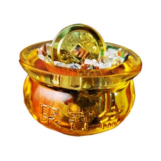 財神小舖 聚財金錢 琉璃水晶聚寶盆擺件，元寶聚財 雙錢守護 招財錢母 財神加持, GC-3355, 1個
