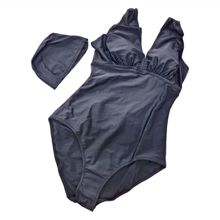 Summer love 夏之戀 大女連身三角泳衣 (內有固定式罩杯)+泳帽, 4L, 黑色