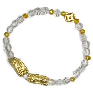 錢滾錢雙貔貅 白水晶琉璃瑪瑙手鍊, 白色/金色, 手圍16cm