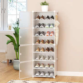 京太陽 1列8層側開組合鞋櫃 多功能掛勾 可拆卸隔板, 白色, 1個