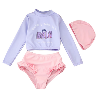 愛北鼻 女童防曬泳衣 長袖上衣 + 泳褲 + 泳帽