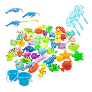 OhBabyLaugh 54件釣魚撈魚組 含水桶*2 釣竿*3 撈網*3 海洋生物*46, 款式隨機, 1組