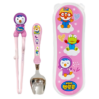 Edison 愛迪生 湯筷盒組 兒童學習筷, 筷子+湯匙+收納盒, Pororo 粉色, 1組