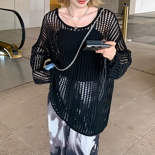 Y331 寬鬆洞洞針織罩衫, 黑色, 棉+聚酯纖維, 肩寬65cm 胸寬62cm 袖長49cm 全長65cm