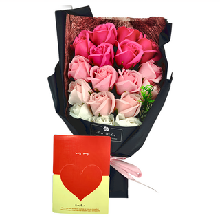 18朵香皂花 禮物花束 仿真花 教師節禮物 (38 x 20 x 12 cm) 玫瑰+小卡+禮盒, 櫻花粉漸層, 1件