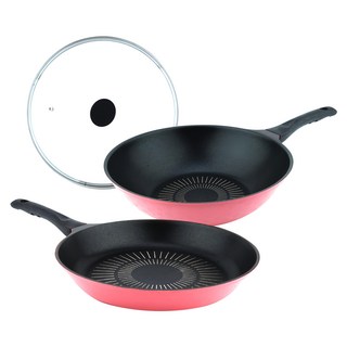 Kitchen-Art 鑽石不沾鍋 3件組 28cm, 28 公分平底鍋 + 炒鍋 + 玻璃鍋蓋, 粉色, 1組