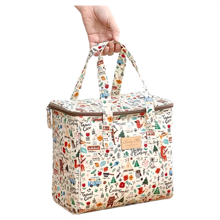 Kwang Min 英倫風保溫保冷防水便當袋, 中款(25 x 16 x 23cm), 繽紛森林, 1個, 繽紛森林 多色
