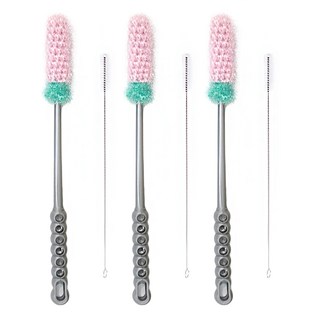 youhouse 壓克力長柄水瓶刷 + 吸管刷 Set 水瓶刷3入+吸管刷3入, 灰色 + 粉色 + 綠色, 3組