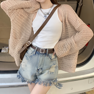 冰絲薄款鏤空洞洞針織罩衫, 有口袋, 胸寬63cm 袖長46cm 全長55cm, 杏色