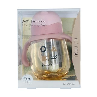 KU.KU Duckbill 酷咕鴨 KUKU PLUS 純真之瞳寬口PPSU訓練杯, 360° Drinking, 7oz/210ml, 不含BPA, 粉色, 1個