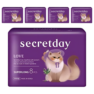 secretday 韓國原裝進口 Love系列 衛生棉 蝶翼, 5包, 8片, 夜用加長型(43cm)