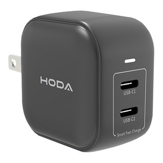 HODA 好貼 GaN氮化鎵45W智慧方型雙孔電源供應器 TC-13, 黑色, 1個