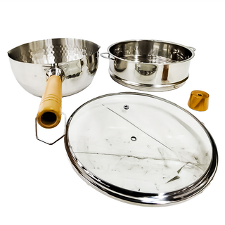 鼎匠 極厚304不鏽鋼雙層櫸木手把日式雪平鍋 + 蒸籠格 Set, 附玻璃蓋, 22cm, 2.5L大容量, IH電磁爐適用, 1個