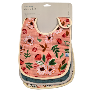 Little Unicorn 純棉經典圍兜, 復古花園 粉色 + 藍色 + 白色, 3個, 1組