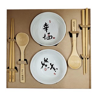Mao's樂陶陶 日日祝福 雙碗湯筷禮盒組, 小碗2個11.5 x 6cm + 筷子2組21cm + 湯匙2支14.5cm, 幸福 + 美好, 1盒