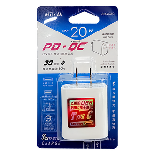 Dr.AV 聖岡科技 PD+QC 20W 雙孔極速快充充電器, SU-20AC, 1個