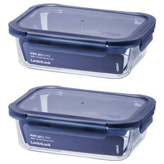 LocknLock 樂扣樂扣 Glass Indigo 耐熱玻璃長方形保鮮盒 海軍藍 1520ml 盒身 + 上蓋 2個