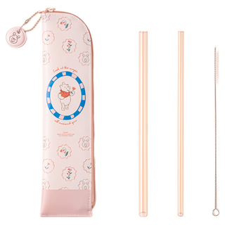 Oolab 良杯製所 繪想年代系列 防潑水吸管收納組 透明斜口大口徑吸管 26cm 奶茶色 + 透明斜口小口徑吸管 26cm 奶茶色 + 吸管專用清潔刷 小熊維尼款, 1組, 3入