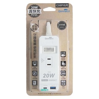 Qonnect 高溫斷電 PD+QC20W延長線 防雷突波保護, 1.8m, 白色, 1條