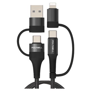 POLYWELL 寶利威爾 四合一PD編織快充線 USB-A+C+Lightning 適用安卓蘋果 PW15-W45-A273, 2m, 黑色, 1條