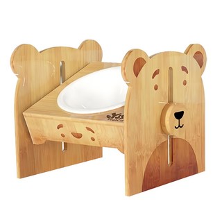 YSS Dog&Cat 職人木匠 原木瓷碗 360度可調式 小熊 單碗, 單碗 小熊, 1個