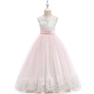 愛貝比 拼接刺繡蕾絲緞帶長裙/禮服/演出服, 110碼, 粉色