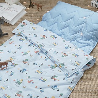 BUHO 布歐 台灣製A/B版設計挖掘機 便攜式天然純棉透氣雙層紗兒童睡墊四季被3件組, 挖掘機 藍色