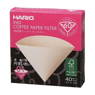 HARIO V60無漂白01濾紙 VCF-01-40M 1~2杯, 40張, 1盒